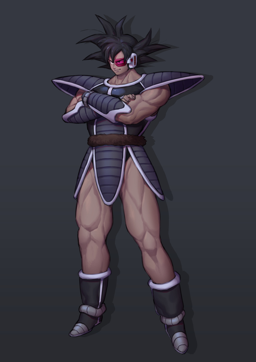 1boy, black_hair, commentary, crossed_arms, dragon_ball, grey_background, highres, monkey_tail