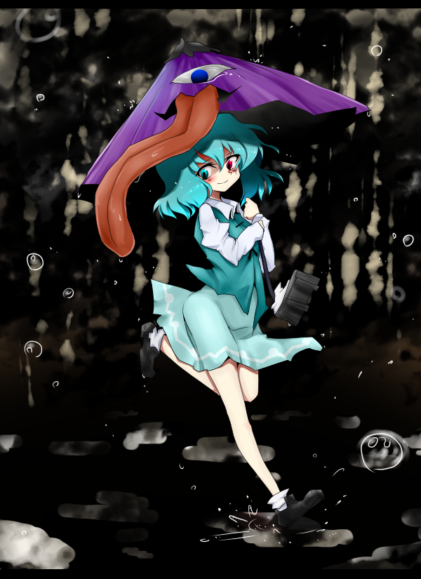 blue_eyes, blue_hair, geta, heterochromia, karakasa_obake, mizuga, rain, red_eyes
