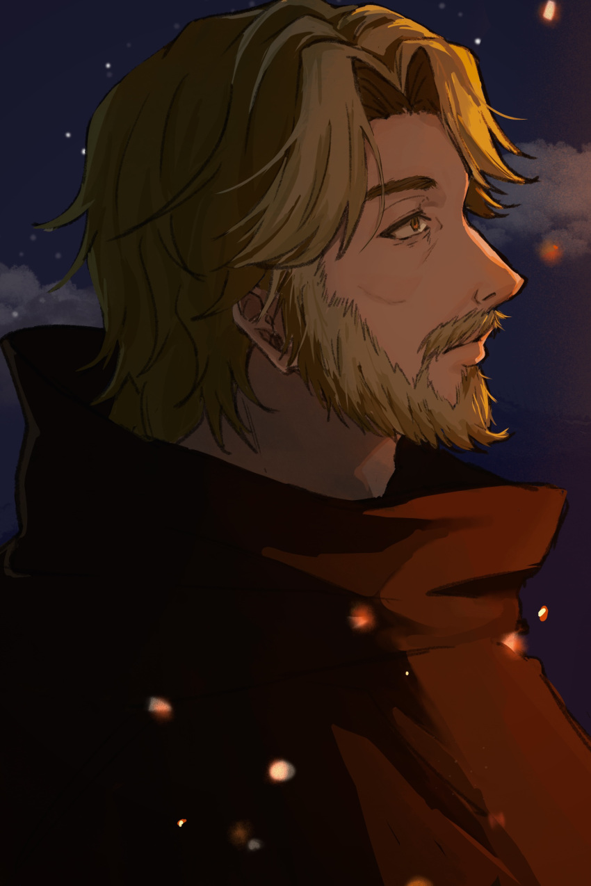 1boy, beard, blonde_hair, chi.:_chikyuu_no_undou_ni_tsuite, coat, facial_hair, from_side, highres, kuru_8080, male_focus, mustache, night, nowak_(chi.), orange_eyes, outdoors, profile, red_coat, short_hair, solo