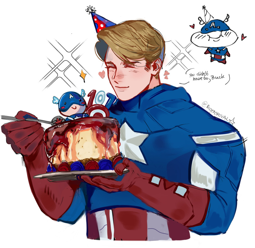 1boy, artist_name, birthday_cake, bishie_sparkle, blonde_hair, blue_bodysuit, blush, bodysuit, boots, cake, captain_america, captain_america_(series), closed_eyes, closed_mouth, eating, english_text, food, gloves, hands_up, hat, heart, helmet, highres, holding, holding_plate, holding_spoon, male_focus, marvel, marvel_cinematic_universe, multiple_views, party_hat, plate, red_boots, red_gloves, rogersrival, short_hair, simple_background, smile, sparkle, speech_bubble, spoon, star_(symbol), star_print, steve_rogers, striped_hat, superhero_costume, upper_body, white_background