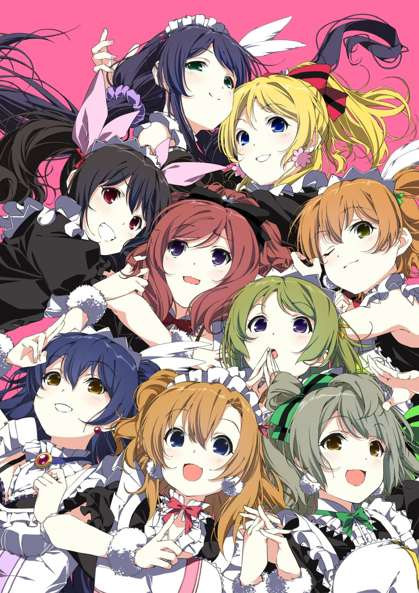 2000s_(style), 6+girls, apron, ayase_eli, black_dress, black_hair, blonde_hair, blue_eyes