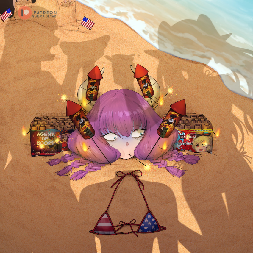 3girls, absurdres, american_flag, american_flag_bikini, american_flag_print, aura_(sousou_no_frieren), aura_bullying_(meme), beach