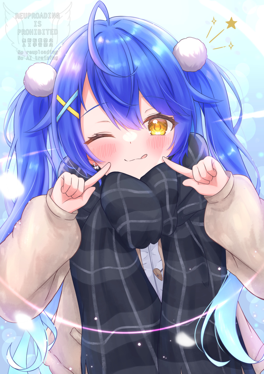 1girl, absurdres, ahoge, amamiya_kokoro, black_scarf, blue_hair, blush, fang