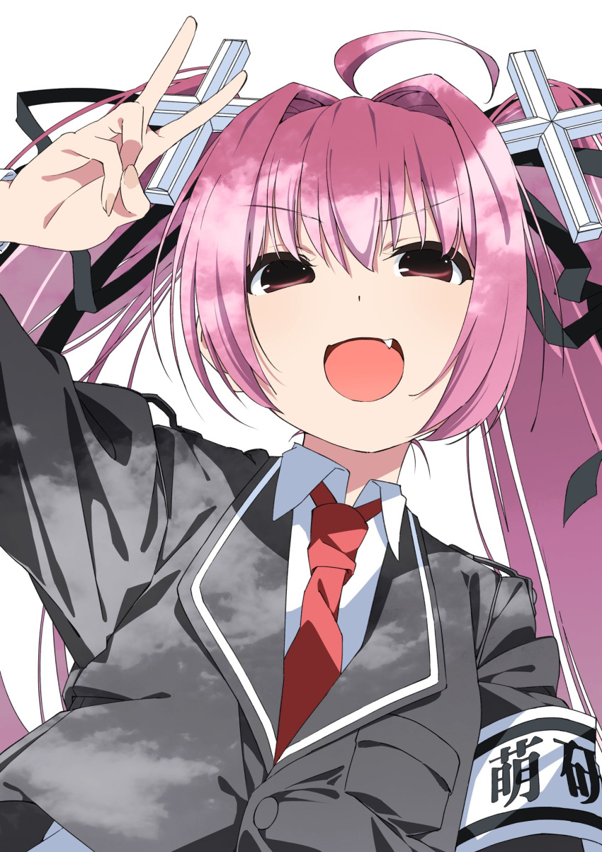 1girl, 2000s_(style), ahoge, armband, blazer, collared_shirt, copyright_request, cross_hair_ornament