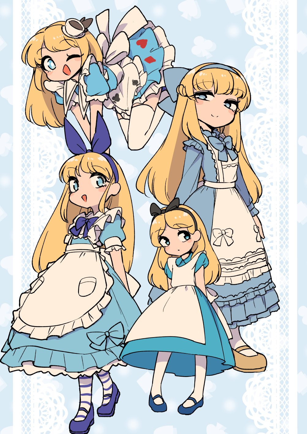 1girl, :d, alice's_adventures_in_wonderland, alice_(alice_in_wonderland), apron, apron_pocket, arms_behind_back, black_headband