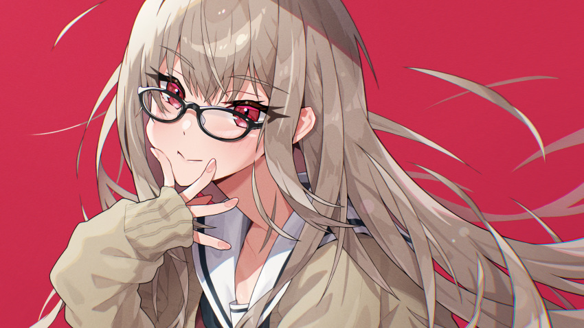 1girl, black-framed_eyewear, blush, brown_cardigan, brown_hair, cardigan, closed_mouth, commentary_request