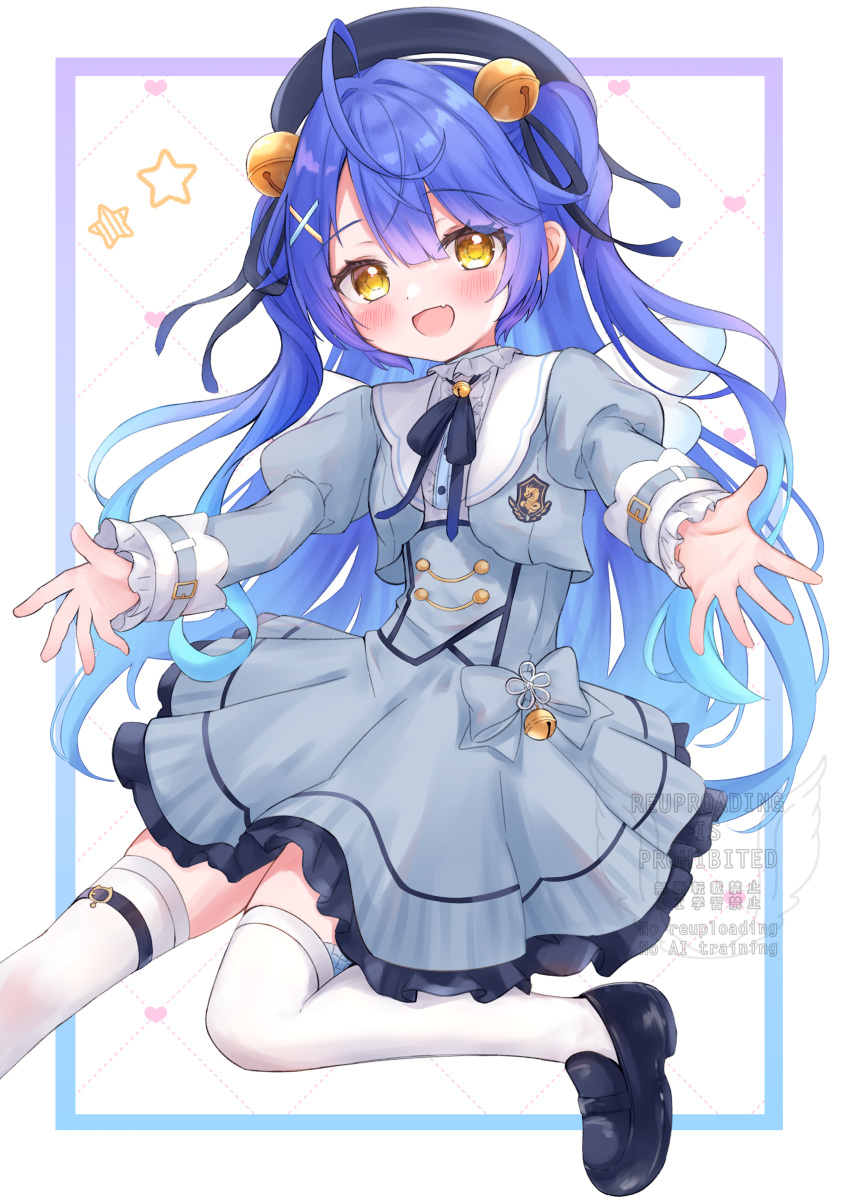 1girl, absurdres, ahoge, amamiya_kokoro, angel_wings, bell, beret, blue_hair