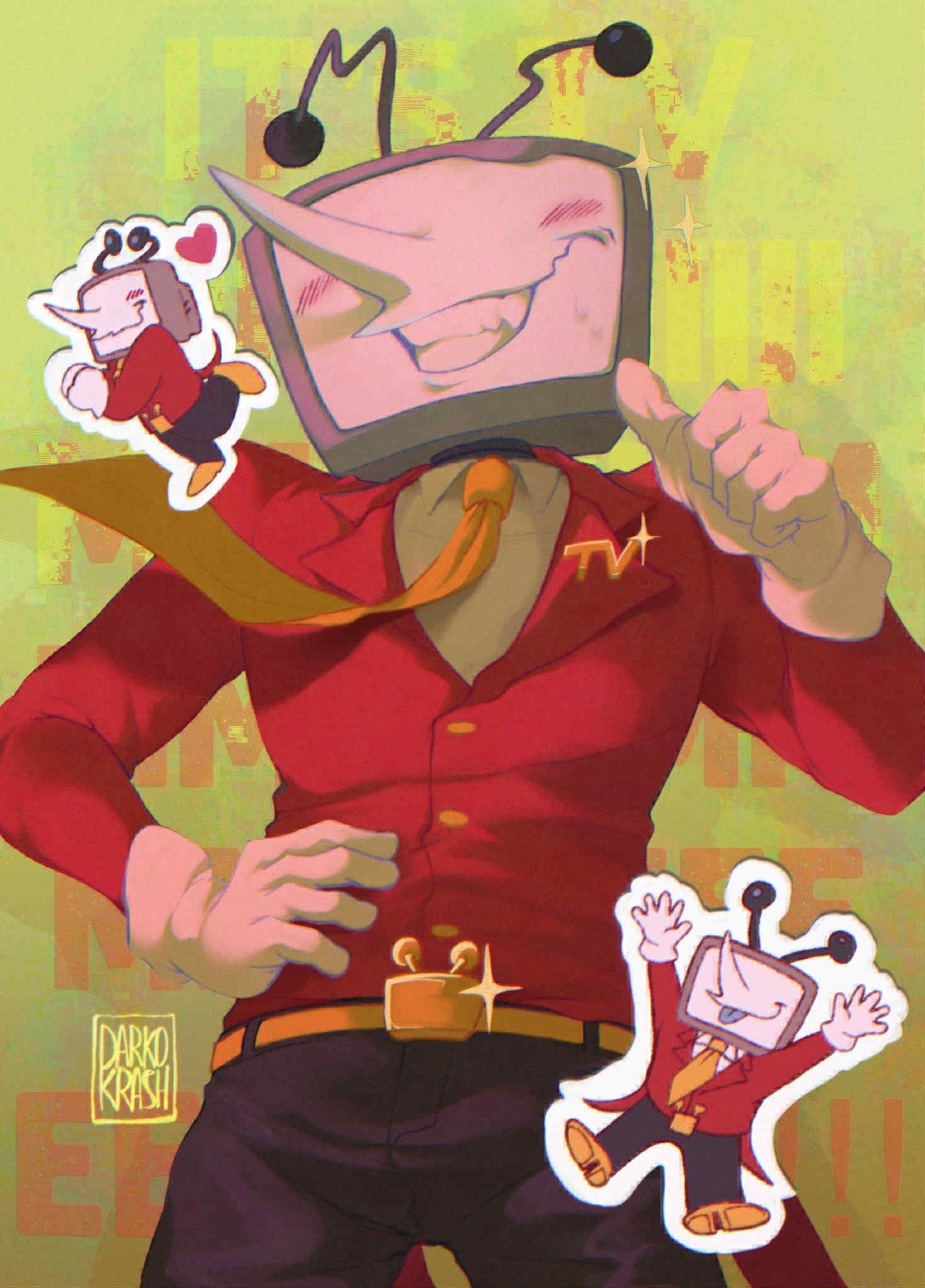 1boy, ant_tenna, artist_name, belt, belt_buckle, black_pants, blush, buckle, chibi, chibi_inset, collared_shirt, commentary, crt, darkokrash, deltarune, english_commentary, fang, gloves, grin, hand_on_own_stomach, highres, male_focus, object_head, outline, pants, shirt, shoes, signature, smile, sparkle, tailcoat, teeth, white_gloves, white_outline, white_shirt, yellow_belt, yellow_shoes