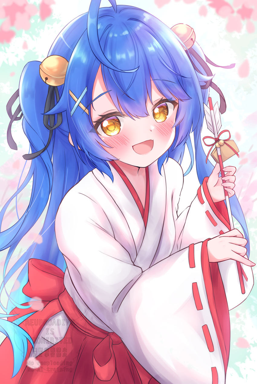 absurdres, ahoge, amamiya_kokoro, bell, blue_hair, blush, fang, hair_bell