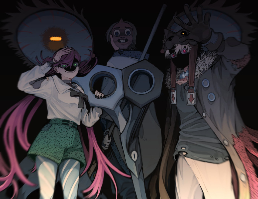 1girl, 2boys, 4388m, blonde_hair, brown_gloves, buttons, coat, gachiakuta, gloves, green_eyes, green_pants, grey_hair, highres, holding, holding_scissors, holding_staff, hood, long_hair, looking_at_viewer, looking_back, mask, multiple_boys, open_clothes, open_coat, pants, patch, pink_hair, red_eyes, remonucha, riyo_reaper, rudo_surebrec, scissors, shaded_face, shirt, short_hair, simple_background, smile, spiky_hair, staff, white_pants, white_shirt, wolf_hat, zanka_nijiku