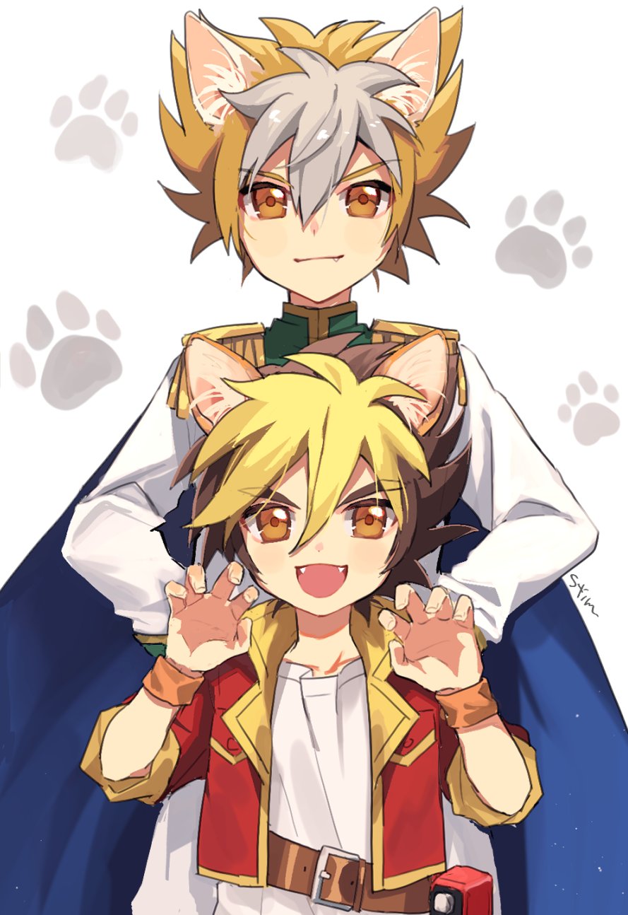 2boys, age_difference, amanogawa_ginga, amanogawa_ryuusei, animal_ear_fluff, animal_ears, artist_name, belt