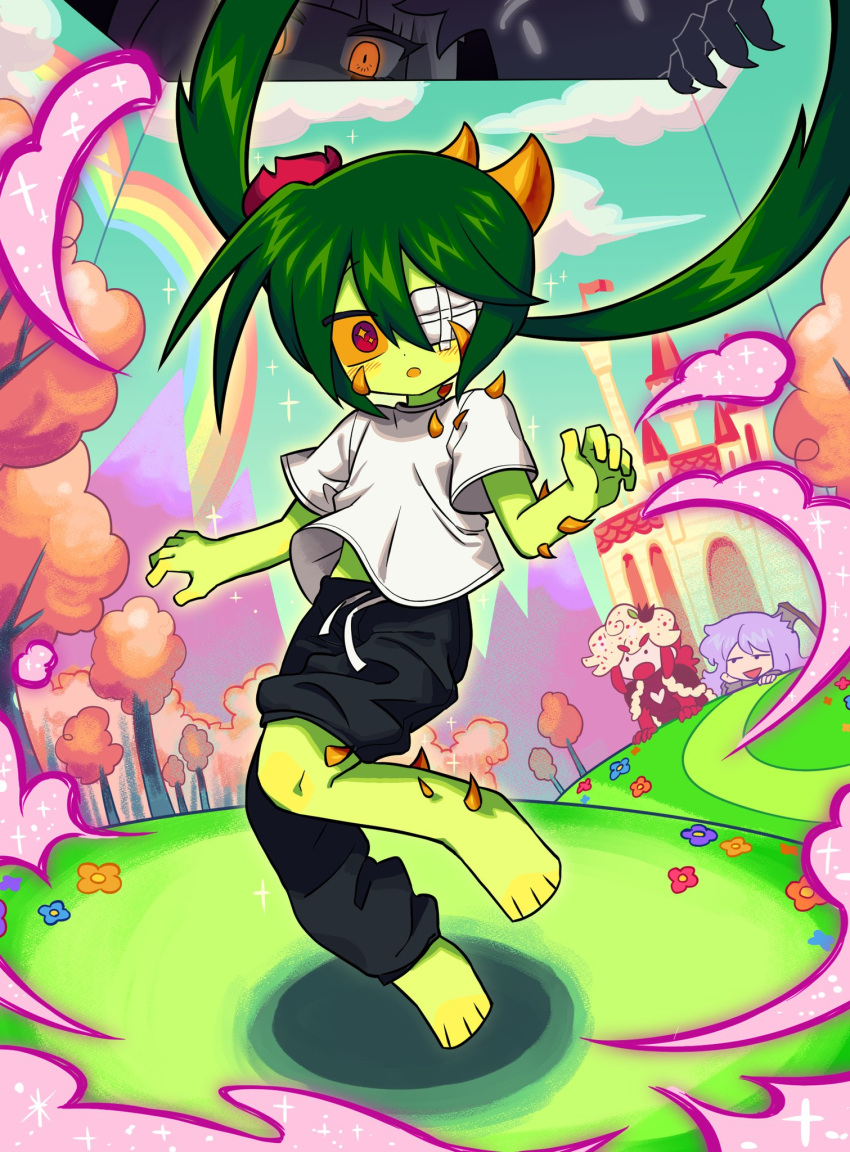 4girls, black_pants, cactus_girl, castle, colored_sclera, colored_skin, english_commentary, full_body