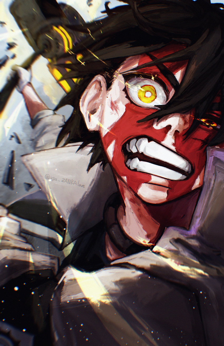 1boy, absurdres, black_choker, black_hair, black_shirt, blood, blood_from_eyes, blood_on_face, choker, debris, flying_sweatdrops, follo_tunito, gachiakuta, gloves, glowing, glowing_eyes, hammer, highres, holding, holding_hammer, jacket, looking_at_viewer, male_focus, nosebleed, open_clothes, open_jacket, open_mouth, shirt, short_hair, solo, teeth, uga_zankalove, white_gloves