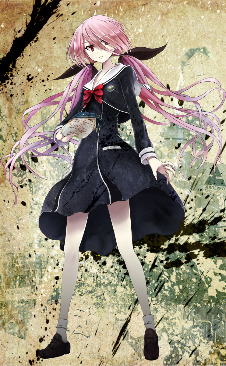 1girl, black_shoes, bow, breasts, chaos;child, chest_bow, clenched_teeth, collarbone