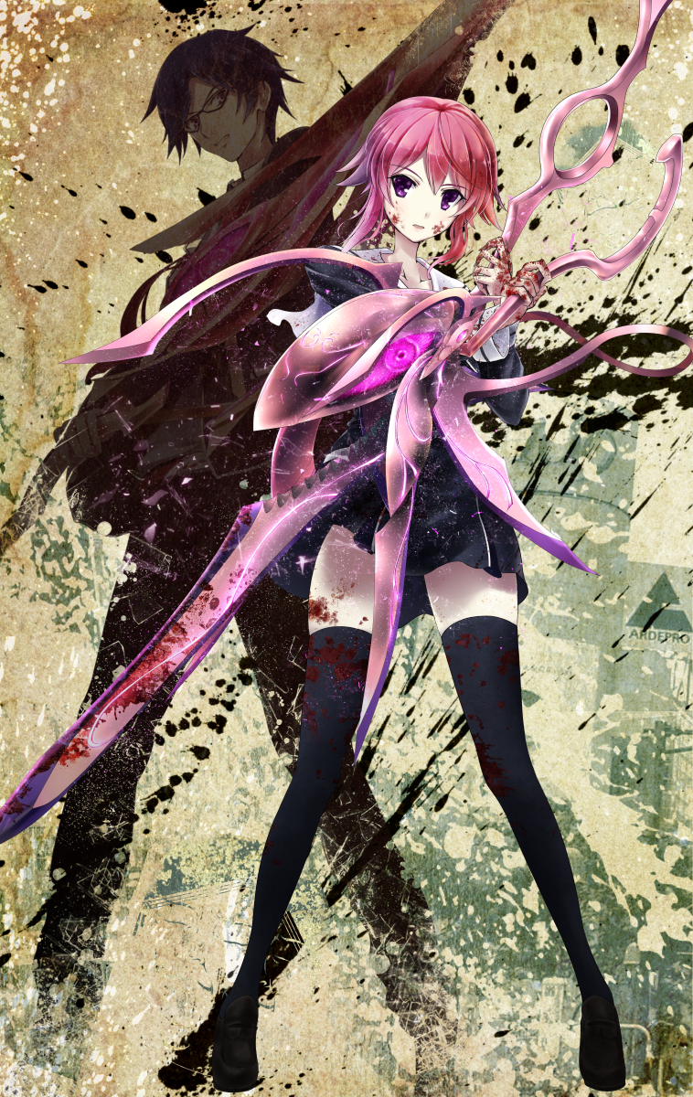 1boy, 1girl, black_dress, black_jacket, black_pants, black_shoes, black_thighhighs, blood