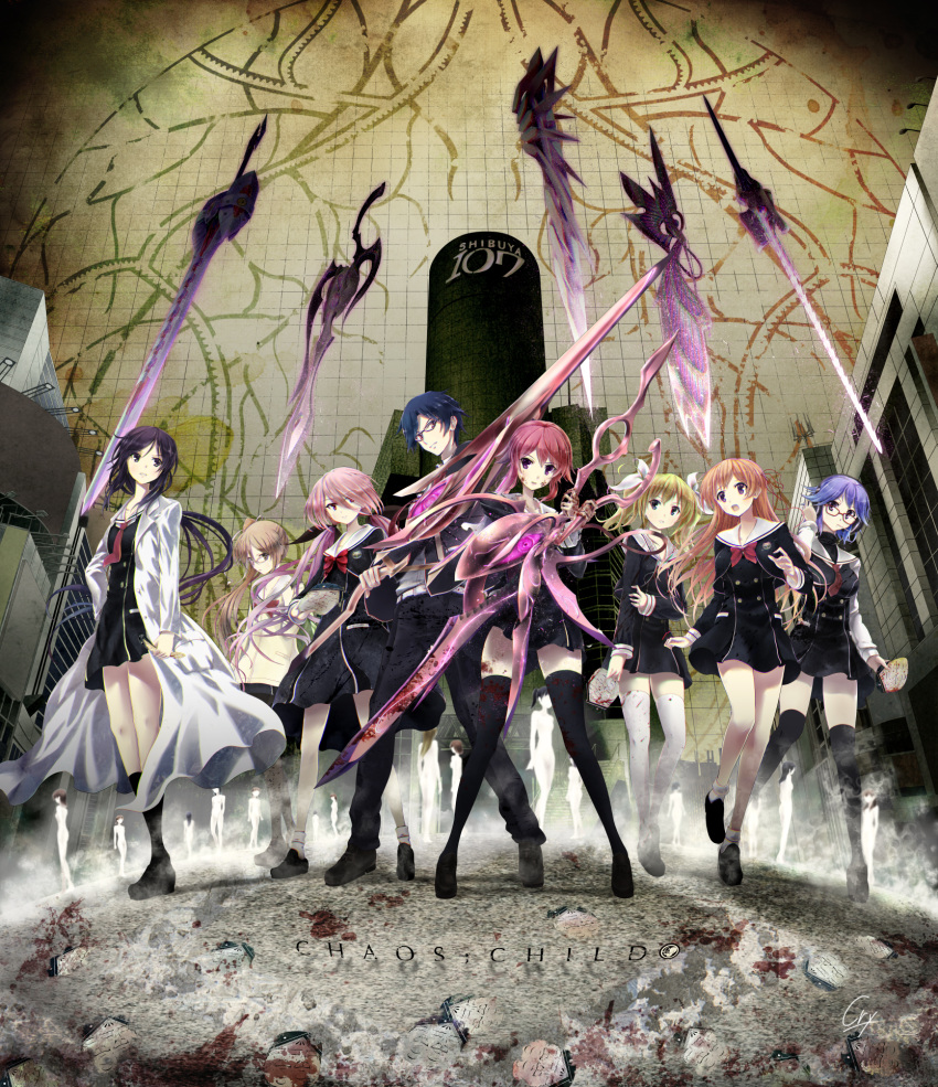 1boy, 6+girls, arimura_hinae, belt, belt_buckle, black_dress, black_jacket, black_pants