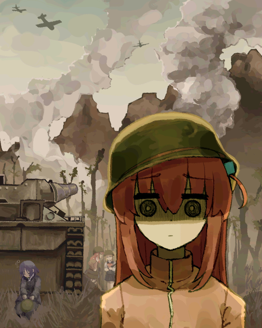 4girls, absurdres, aircraft, airplane, blue_hair, blue_skirt, blue_vest, bocchi_the_rock!, cube_hair_ornament, dragonostic, fighter_jet, gotoh_hitori, hair_ornament, hat, helmet, highres, ijichi_nijika, jacket, kessoku_band, kita_ikuyo, lvt, meme, military_hat, military_vehicle, motor_vehicle, multiple_girls, outdoors, pink_hair, pink_jacket, pink_track_suit, shaded_face, skirt, smoke, tank, the_two-thousand_yard_stare, thousand_yard_stare, track_jacket, track_suit, vest, war, yamada_ryo