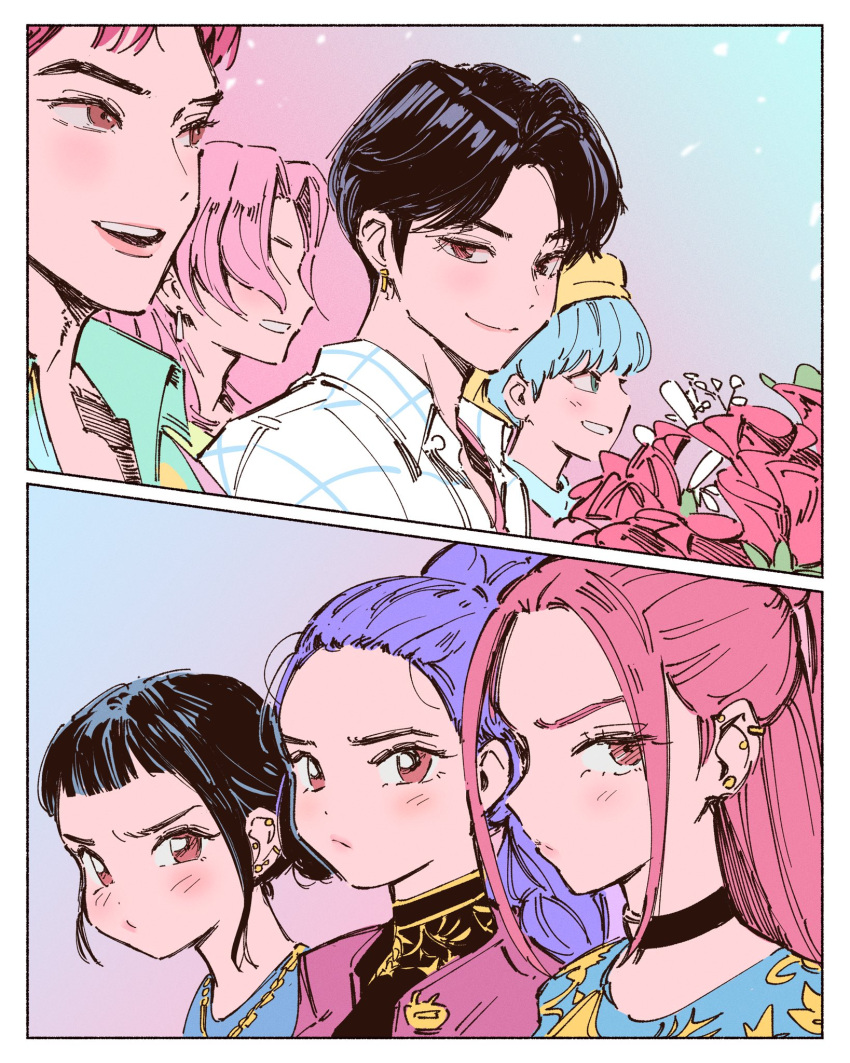 >:(, 3girls, 4boys, abby_(kpop_demon_hunters), baby_(kpop_demon_hunters), black_hair, blue_eyes, blue_hair