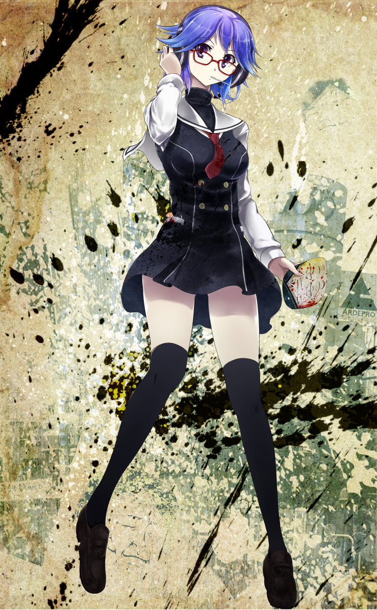 1girl, black_dress, black_thighhighs, blue_hair, breasts, chaos;child, chest_bow, cry-planet