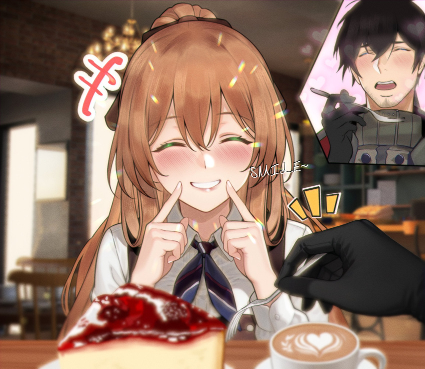 1boy, 1girl, apron, art_undertaker, black_gloves, blush, brown_apron, brown_hair