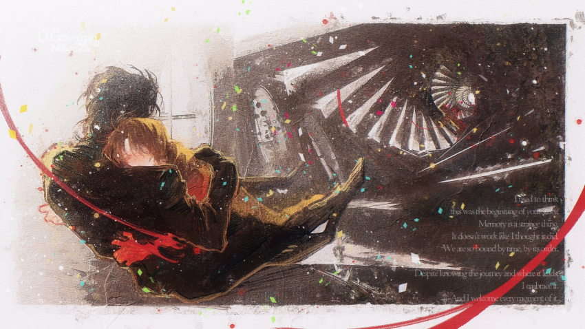 2boys, abstract_background, allen_walker, black_hair, black_pants, black_suit, border, brown_hair