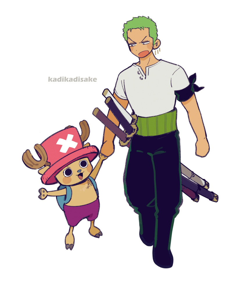 2boys, antlers, bag, bandana_around_arm, black_pants, blue_nose, blush, commentary_request