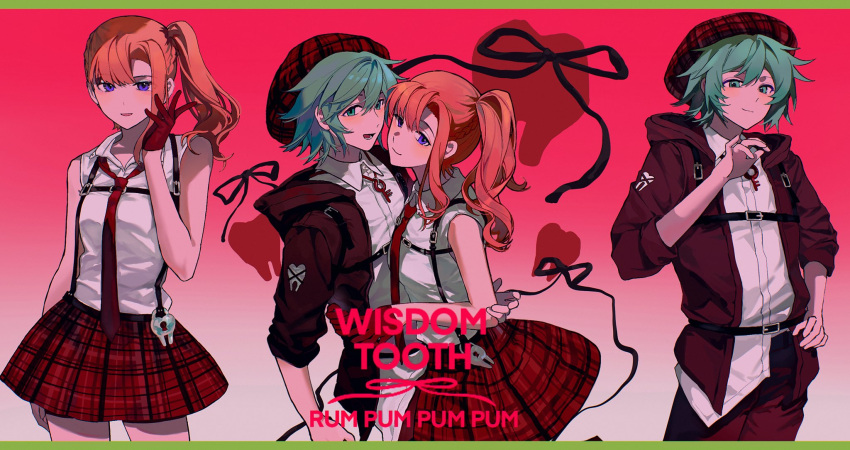 1boy, 1girl, :d, alternate_costume, aqua_eyes, aqua_hair, arms_around_waist, bare_shoulders