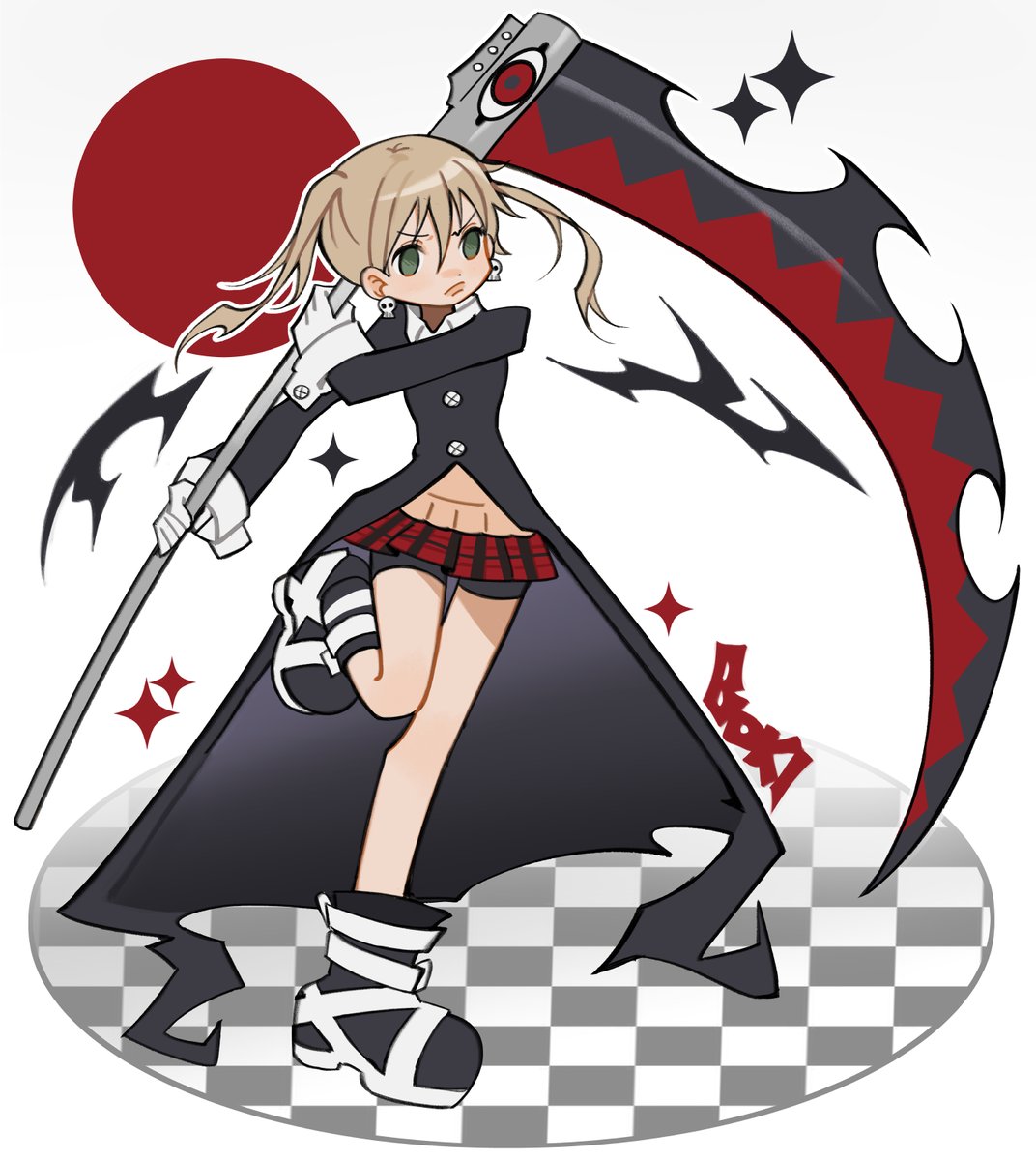 1girl, black_coat, blonde_hair, boots, coat, commentary, earrings, full_body
