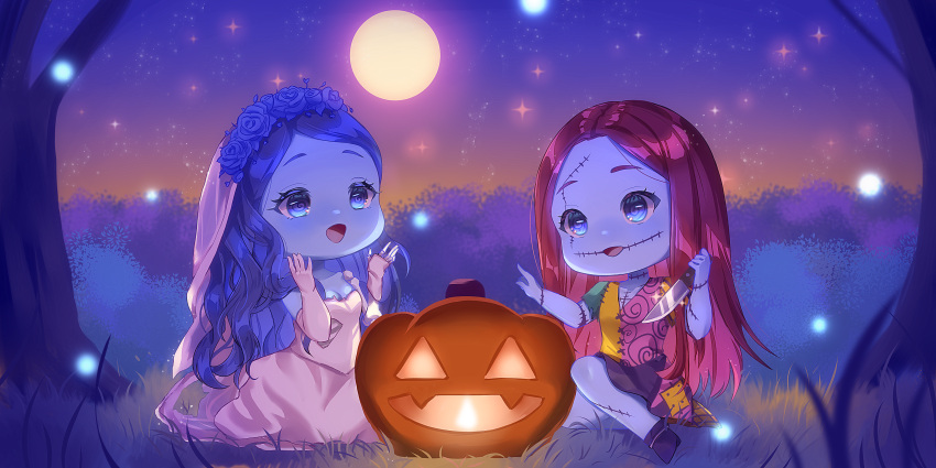 1boy, 2girls, absurdres, annalee-sama, blue_skin, bridal_veil, bride, chibi