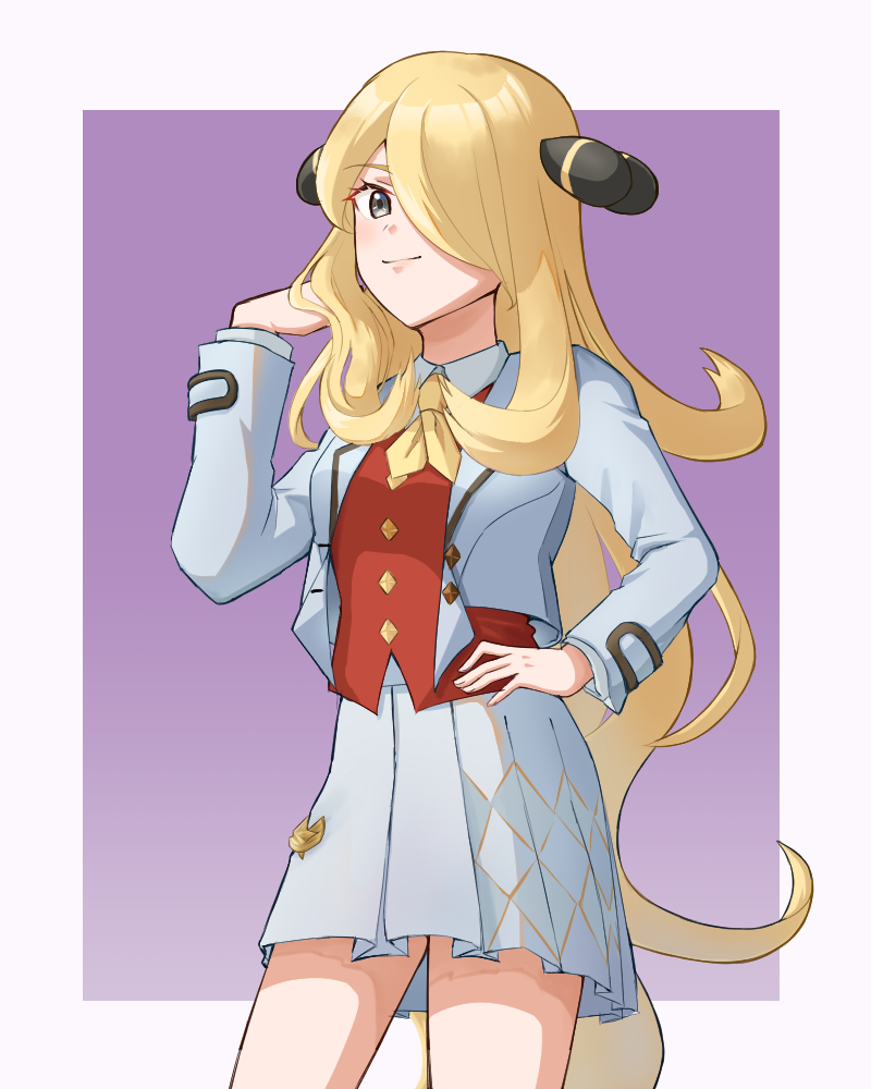 1girl, blonde_hair, cosplay, cowboy_shot, cynthia_(pokemon), grey_eyes, hair_over_one_eye, hand_on_own_hip