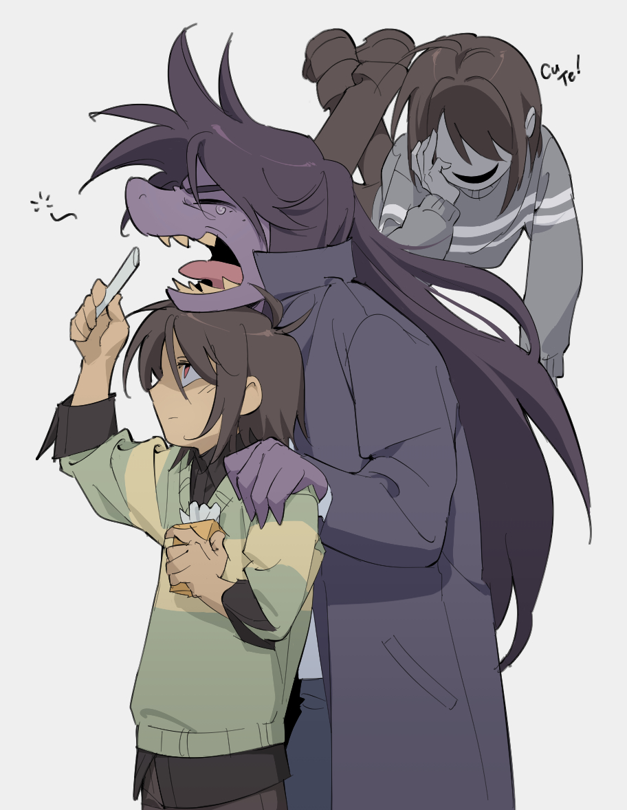 1girl, 2others, black_shirt, brown_hair, chalk, closed_eyes, collared_shirt, colored_skin
