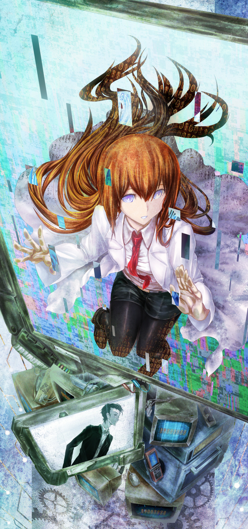 1boy, 1girl, absurdres, artificial_intelligence, belt, belt_buckle, binary, black_boots, black_hair, black_jacket, black_pantyhose, black_shorts, boots, breasts, brown_hair, buckle, clenched_teeth, coat, collared_shirt, crt, cry-planet, floating_hair, glitch, hair_between_eyes, highres, jacket, lab_coat, lapels, long_hair, looking_at_viewer, makise_kurisu, makise_kurisu_(amadeus), monitor, necktie, notched_lapels, okabe_rintarou, okabe_rintarou_(beta), pantyhose, parted_lips, red_necktie, ringed_eyes, shirt, short_hair, shorts, small_breasts, square_pupils, steins;gate, steins;gate_0, teeth, violet_eyes, white_belt, white_coat, white_shirt