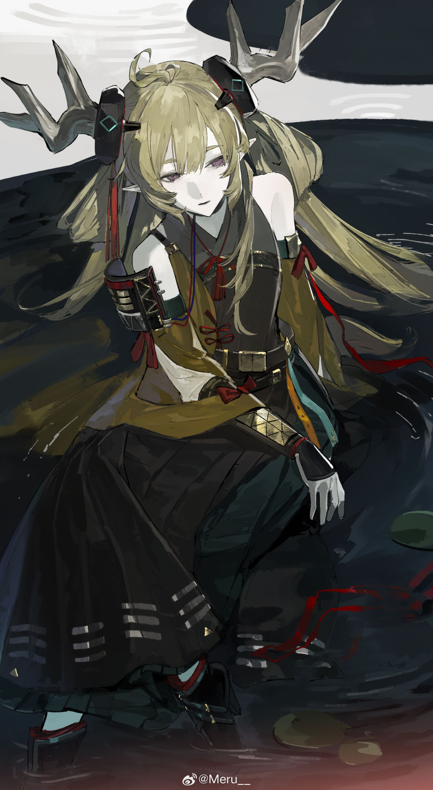 1girl, absurdres, animal_ear_fluff, animal_ears, arknights, blonde_hair, dragon_girl, dragon_horns, highres, horns, infection_monitor_(arknights), leizi_(arknights), leizi_the_thunderbringer_(arknights), long_hair, looking_at_viewer, material_growth, meru02295238, oripathy_lesion_(arknights), solo