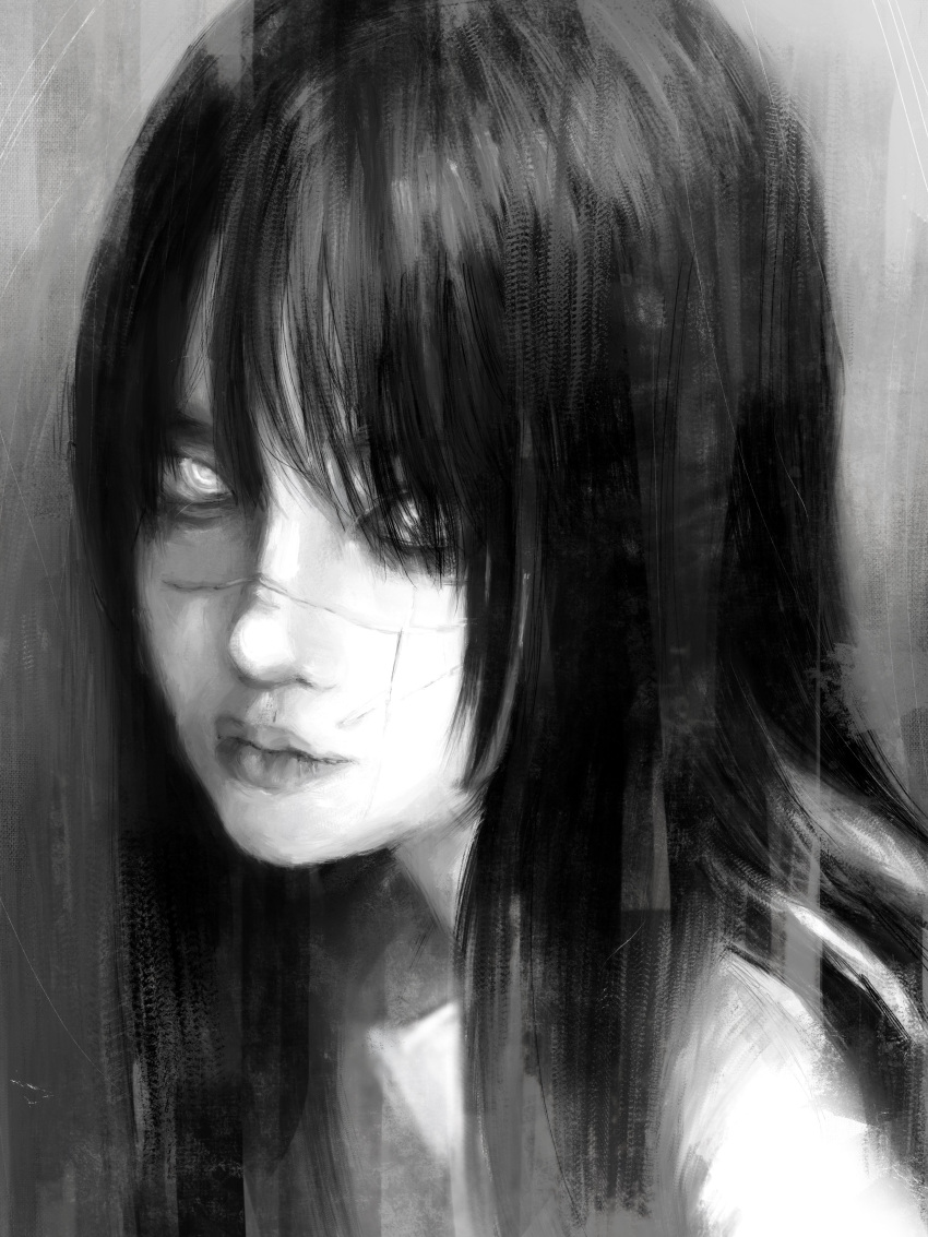 1girl, absurdres, black_hair, chainsaw_man, cross_scar, glowing, glowing_eyes, gradient_background
