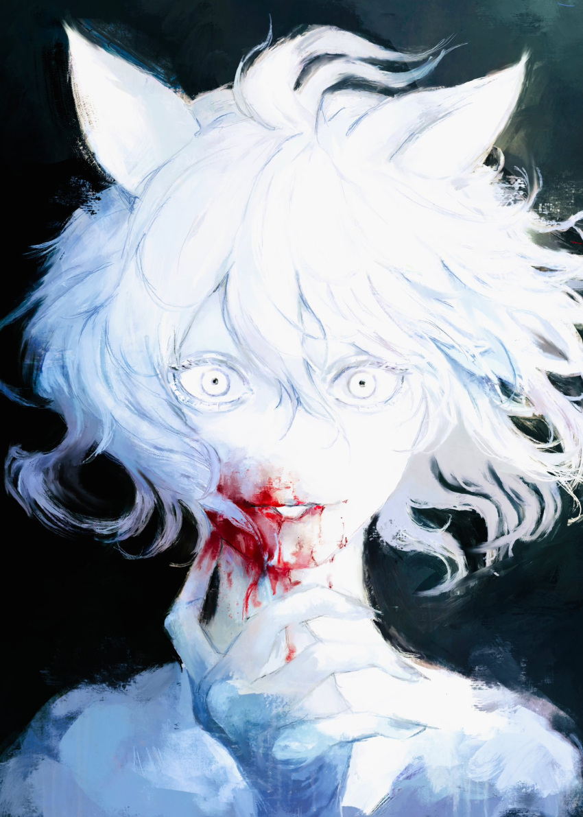 1girl, 1other, androgynous, animal_ears, black_background, blood, blood_on_face, blood_on_mouth