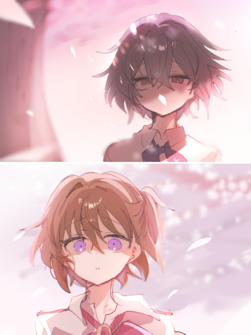 2girls, akasaka_miyuki, blue_bow, blue_bowtie, bow, bowtie, bright_background, brown_eyes