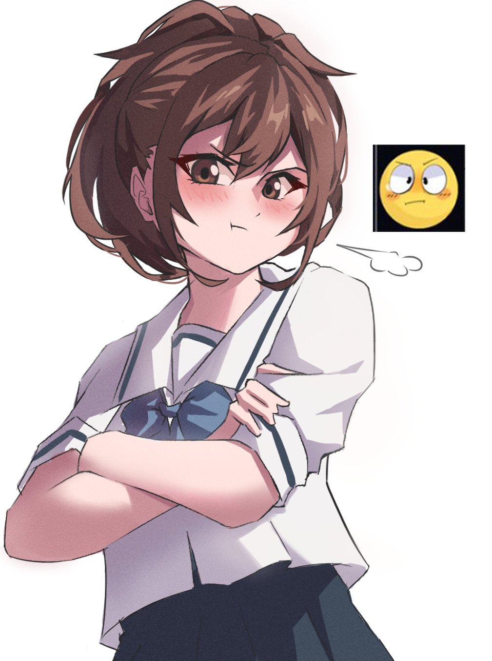 1girl, annoyed, blowing_steam, blush, bow, brown_eyes, brown_hair, chest_bow