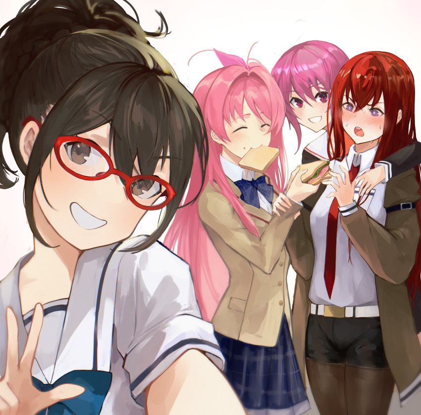 4girls, absurdres, angry, antenna_hair, belt, black_pantyhose, black_shorts, blazer