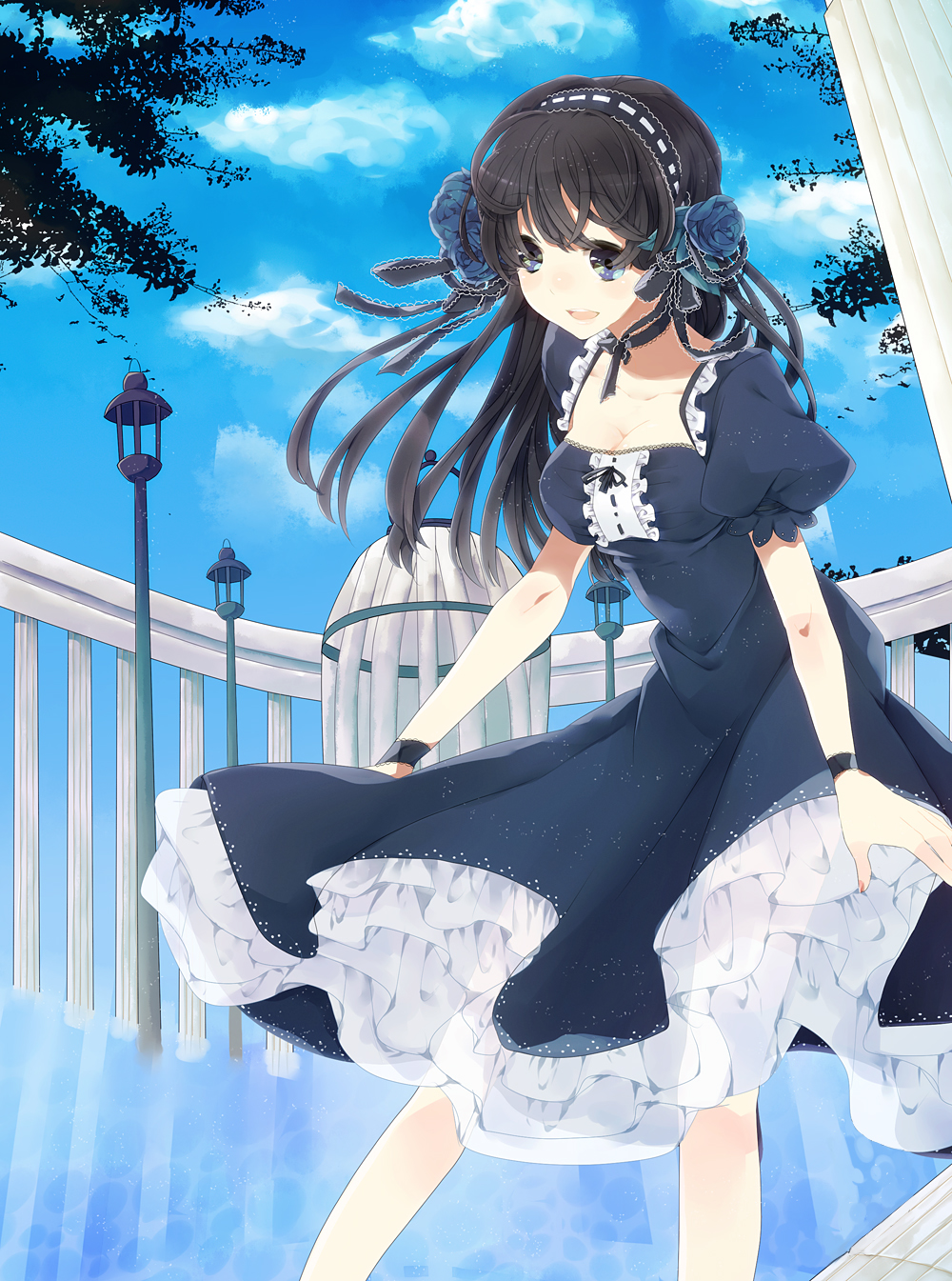 1girl, black_hair, blue_dress, blue_eyes, blue_rose, breasts, cleavage, dress