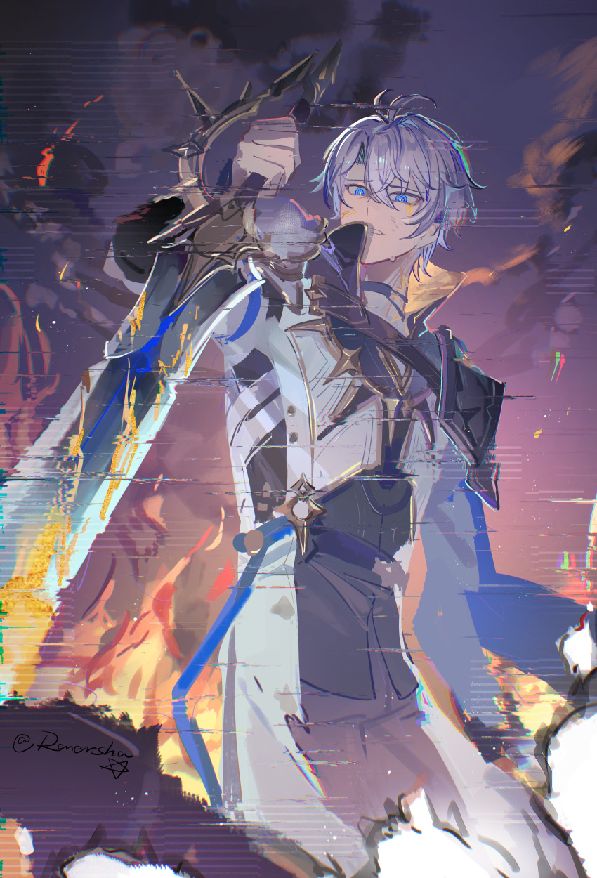 1boy, absurdres, ahoge, black_pants, blue_eyes, coat, fire, glitch
