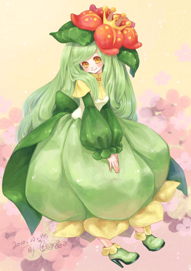 crown, dress, flower, green_hair, hair_flower, hair_ornament, high_heels, lilligant