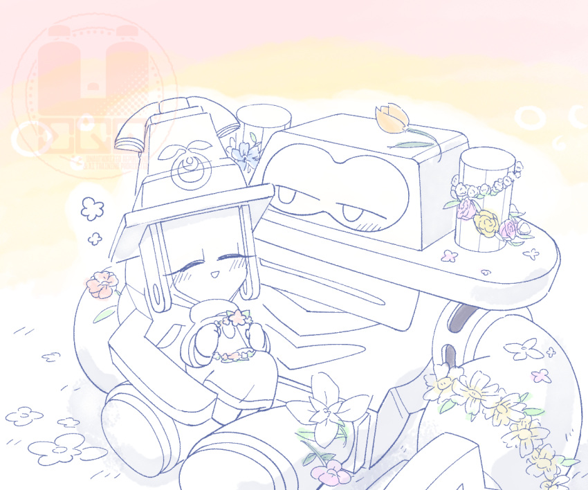 1boy, 1girl, cable, closed_eyes, cozette_(mario), ego, field, flower