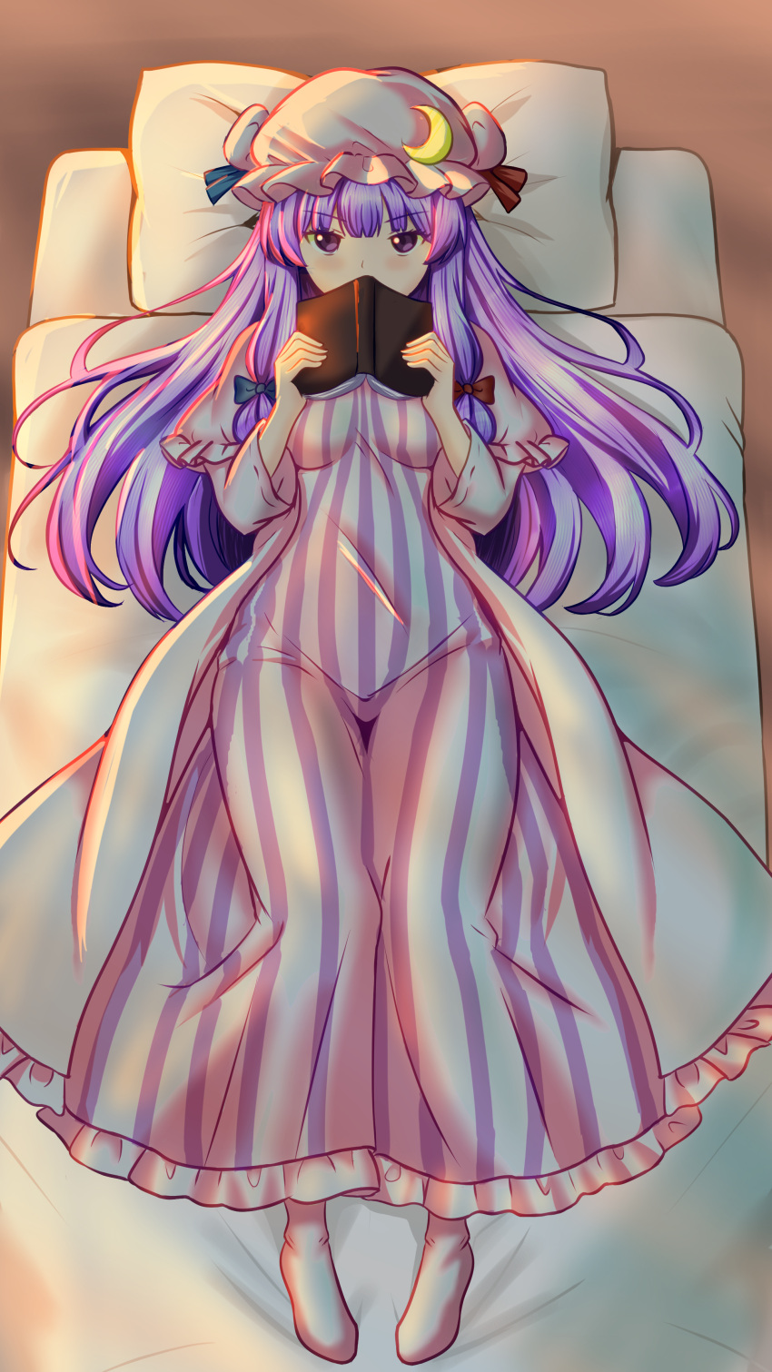 1girl, absurdres, blue_bow, blue_ribbon, book, bow, breasts, burukyu