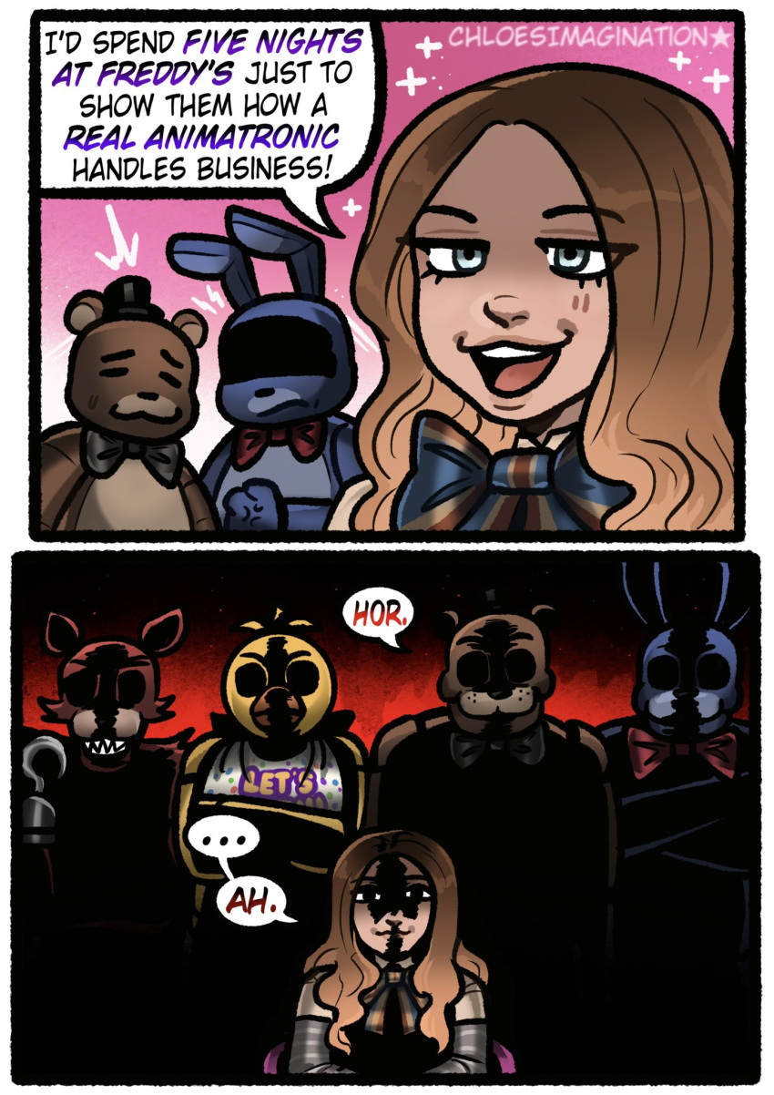 1girl, anger_vein, animatronic, bib, black_bow, black_bowtie, bonnie_(fnaf), bow