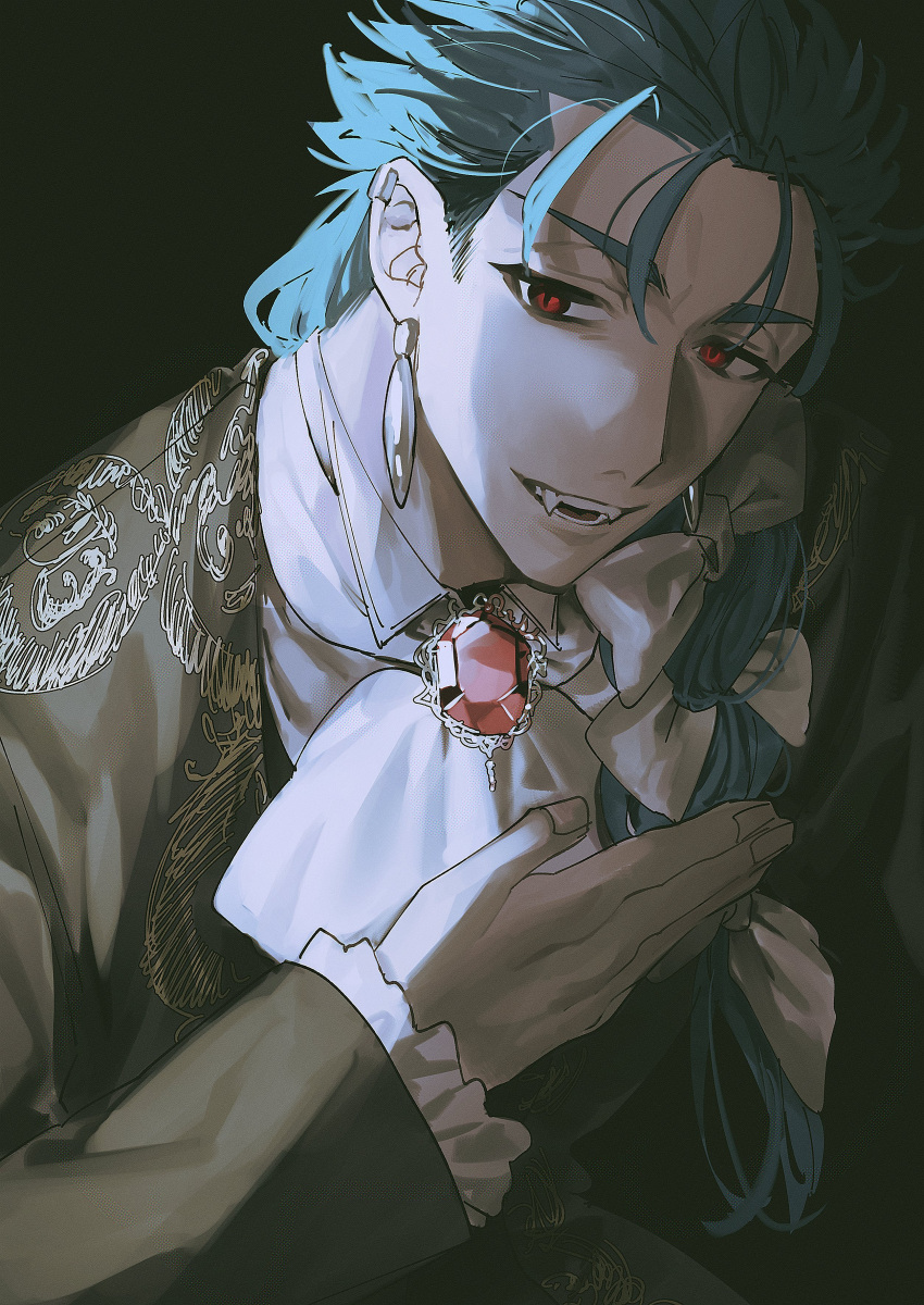 1boy, absurdres, antenna_hair, ascot, blue_hair, bow, bowtie, collar, collared_shirt, cu_chulainn_(caster)_(fgo_fes._2025)_fate, earrings, fangs, fate/grand_order, fate_(series), fingernails, gem, hair_bow, hand_on_own_chest, highres, jewelry, kenne_28, long_sleeves, looking_at_viewer, print_shirt, red_eyes, red_gemstone, shirt, side_ponytail, solo, spiked_collar, spikes, white_ascot, wide_sleeves