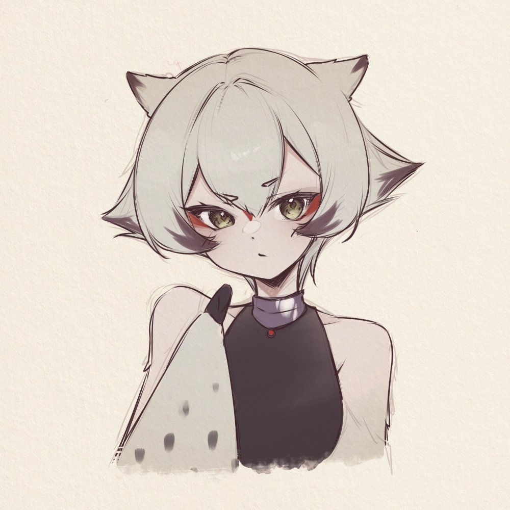 1girl, animal_ears, bare_shoulders, bird_ears, black_shirt, commentary, english_commentary, facial_mark