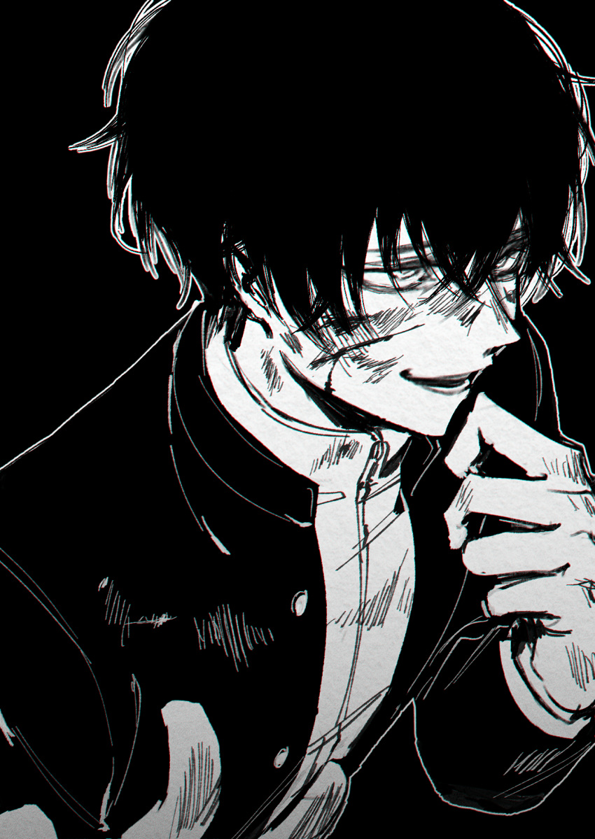 1boy, black_background, black_hair, black_jacket, blood, blood_on_face, greyscale, hands_up