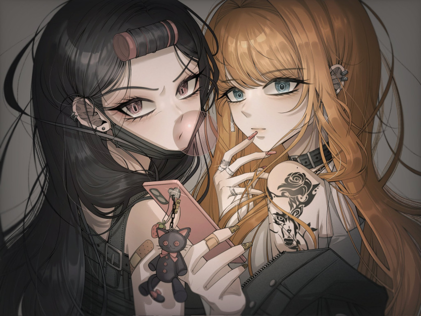 2girls, arm_tattoo, bandages, be_salty02, black_choker, black_hair, black_jacket, black_mask, blowing_bubble_gum, blue_eyes, cellphone, chewing_gum, choker, dokgo_hyeji, doll, ear_piercing, earrings, hair_rollers, highres, holding, holding_phone, jacket, jewelry, long_hair, looking_at_viewer, mask, mask_pull, mouth_mask, multiple_girls, orange_hair, phone, piercing, pink_eyes, ring, secretto_(waktaverse), tattoo, upper_body, waktaverse