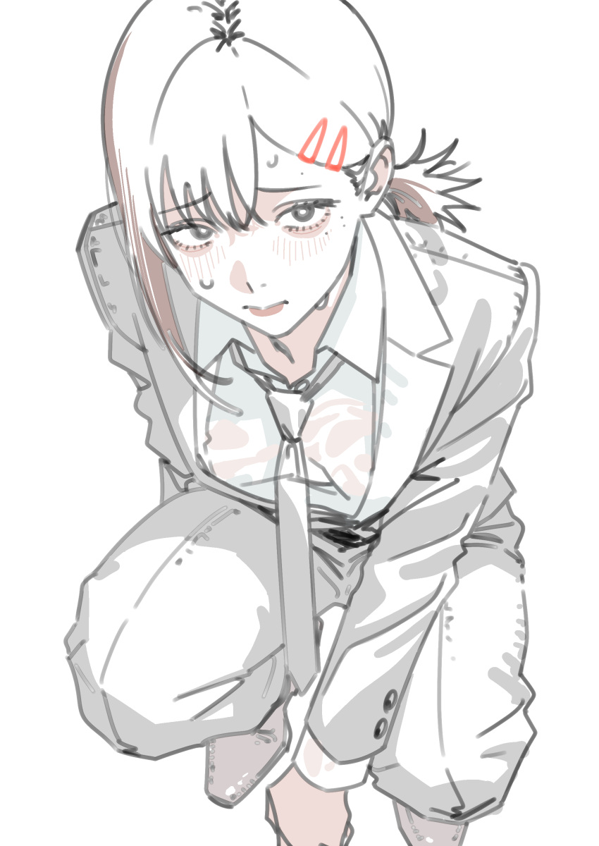 1girl, absurdres, black_eyes, brown_hair, chainsaw_man, closed_mouth, grey_jacket, grey_necktie