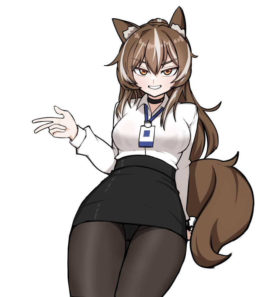 >:), 1girl, absurdres, animal_ear_fluff, animal_ears, badge, black_choker, black_pantyhose, breasts, brown_eyes, brown_hair, callisto_(greyeth), choker, fox_ears, fox_tail, highres, jonasmk, large_breasts, leaf, looking_at_viewer, maple_leaf, multicolored_hair, office_lady, original, panties, panties_under_pantyhose, pantyhose, second-party_source, solo, streaked_hair, tail, thighband_pantyhose, underwear, v-shaped_eyebrows